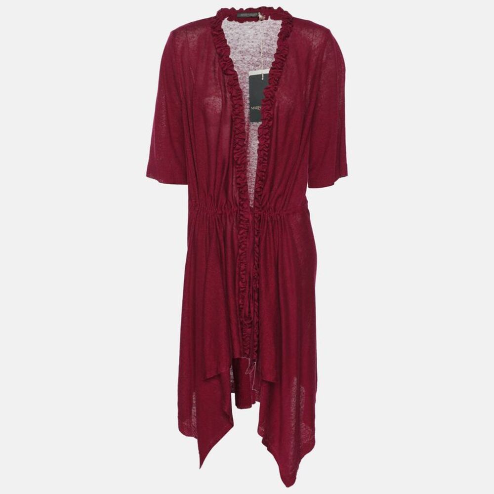 Marina Rinaldi Burgundy Stretch Knit Ruffle Edge Drawstring Cardigan L